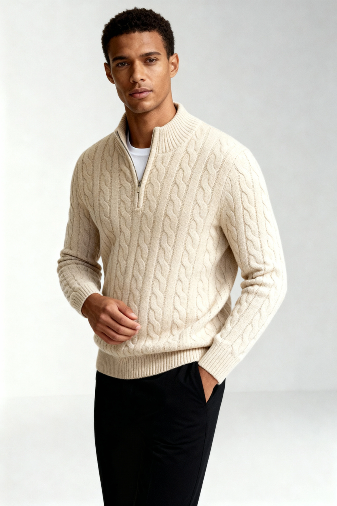 Harbour Men Quarter-Zip Up Sweater - Beige